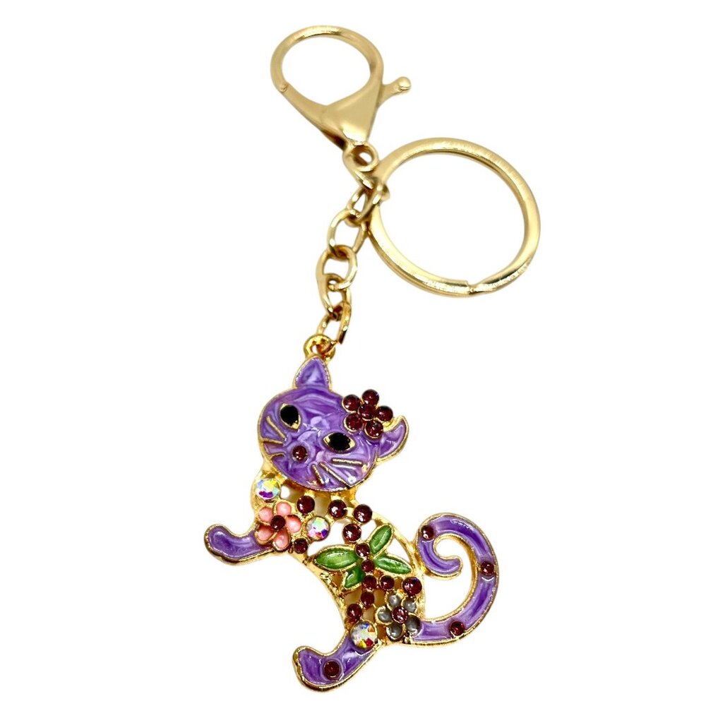 3/$30 CAT KEYCHAIN GOLD TONE ENAMEL RHINESTONE PURPLE BAG CHARM NWT GIFT